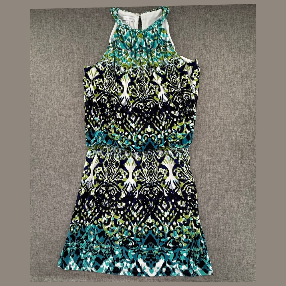 London Times Sleeveless Dress Size 14 Lined‎ Stretchy Braided Neck Multicolor